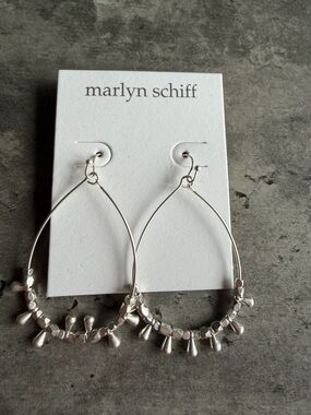 marlyn schiff Silver Teardrop Hoop Earrings with Bead Fringe